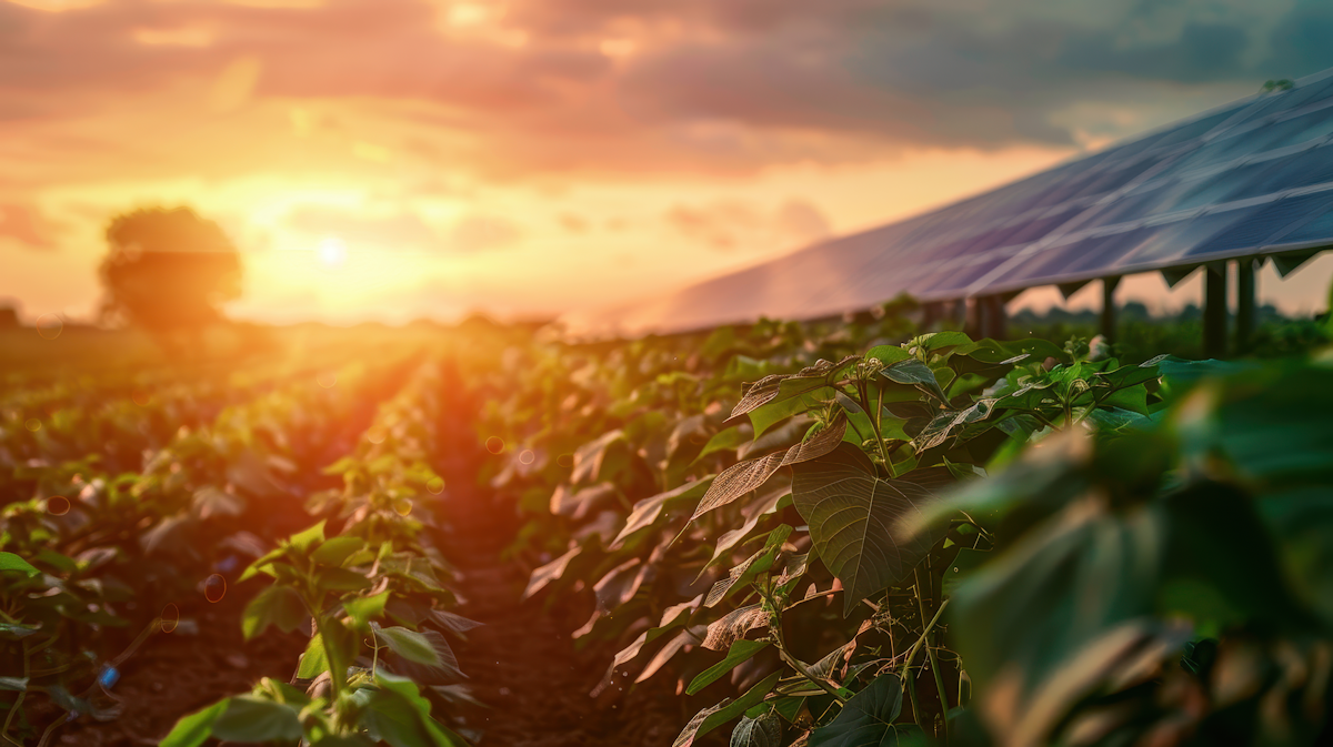 Solar panels installed over rows of green crops in a farm field at sunset